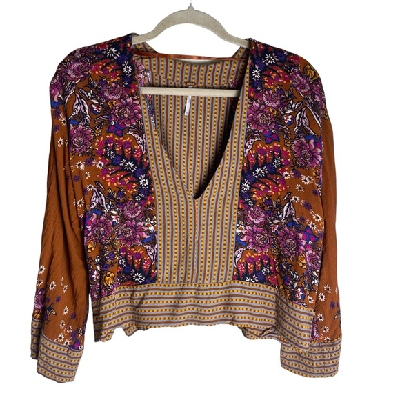 Free People Mix N Match Blouse Bell Sleeve V Neck Rust Orange Combo Floral XS - Picture 2 of 6